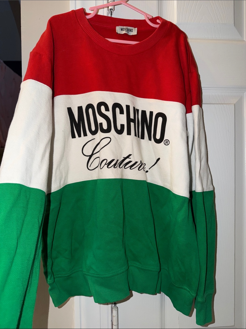 Moschino Red White Green Colorblock Logo Crewneck Sweater